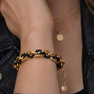 Bracciale catena oro con perline nere | Bracciale maglia larga acciaio inox | Bracciale elegante donna regolabile