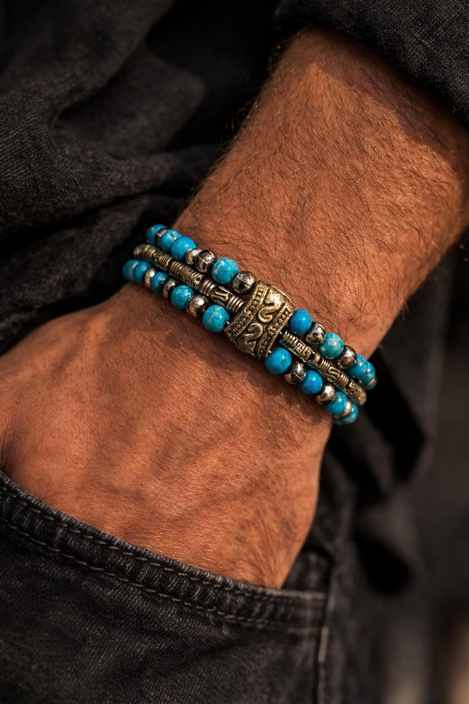 Bracciale uomo pietra turchese | Bracciale perline etnico boho | Gioiello uomo semirigido | Idea regalo uomo