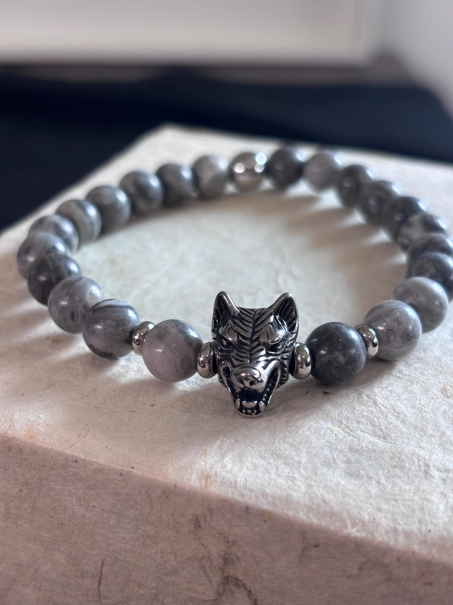 Bracciale uomo Agata grigia con lupo in acciaio | Bracciale elastico pietre naturali | Wolf bracelet uomo | Regalo uomo
