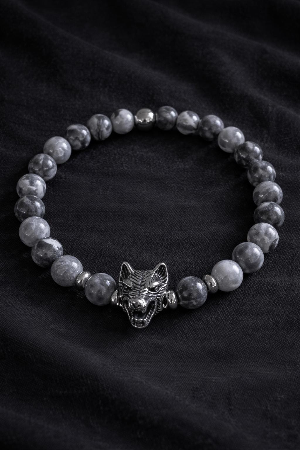 Bracciale uomo Agata grigia con lupo in acciaio | Bracciale elastico pietre naturali | Wolf bracelet uomo | Regalo uomo