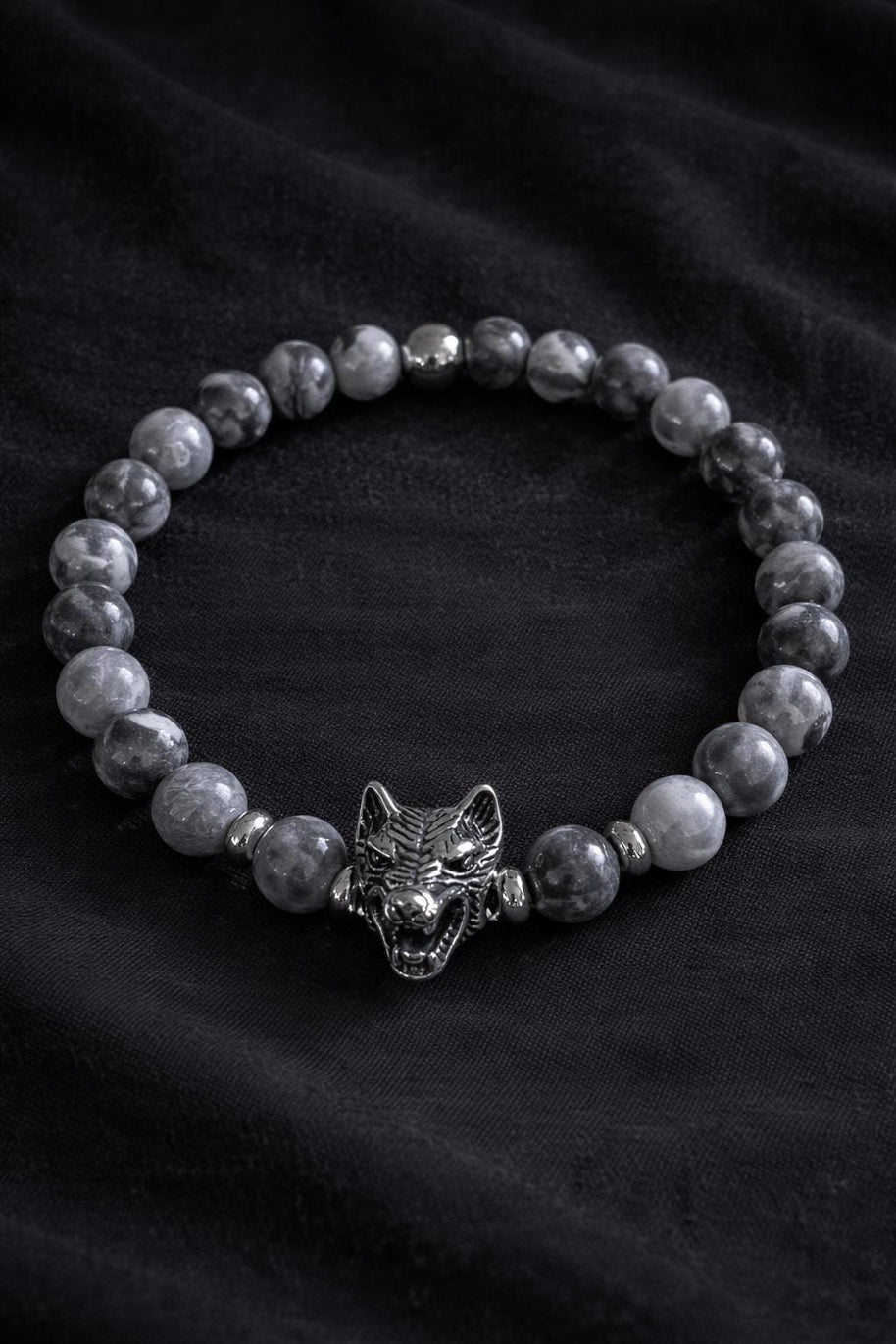 Bracciale uomo Agata grigia con lupo in acciaio | Bracciale elastico pietre naturali | Wolf bracelet uomo | Regalo uomo