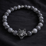 Bracciale uomo Agata grigia con lupo in acciaio | Bracciale elastico pietre naturali | Wolf bracelet uomo | Regalo uomo