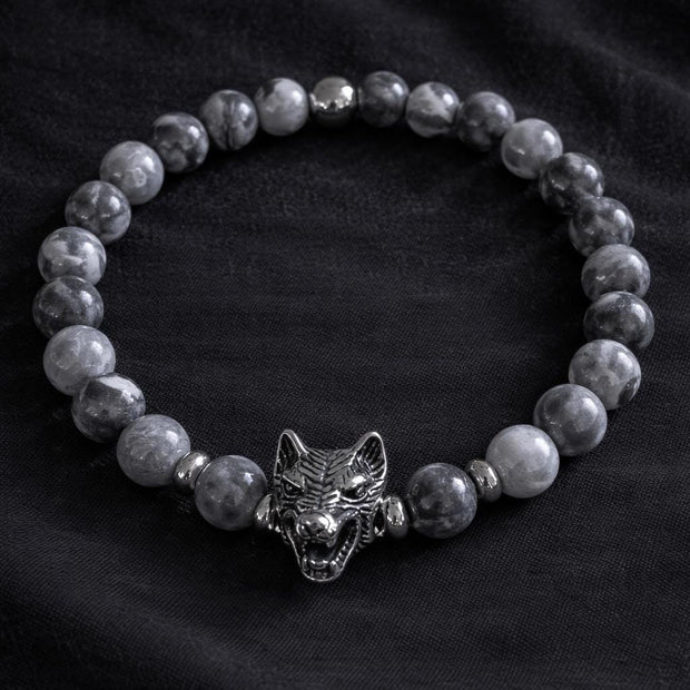 Bracciale uomo Agata grigia con lupo in acciaio | Bracciale elastico pietre naturali | Wolf bracelet uomo | Regalo uomo