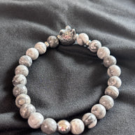 Bracciale uomo Agata grigia con lupo in acciaio | Bracciale elastico pietre naturali | Wolf bracelet uomo | Regalo uomo
