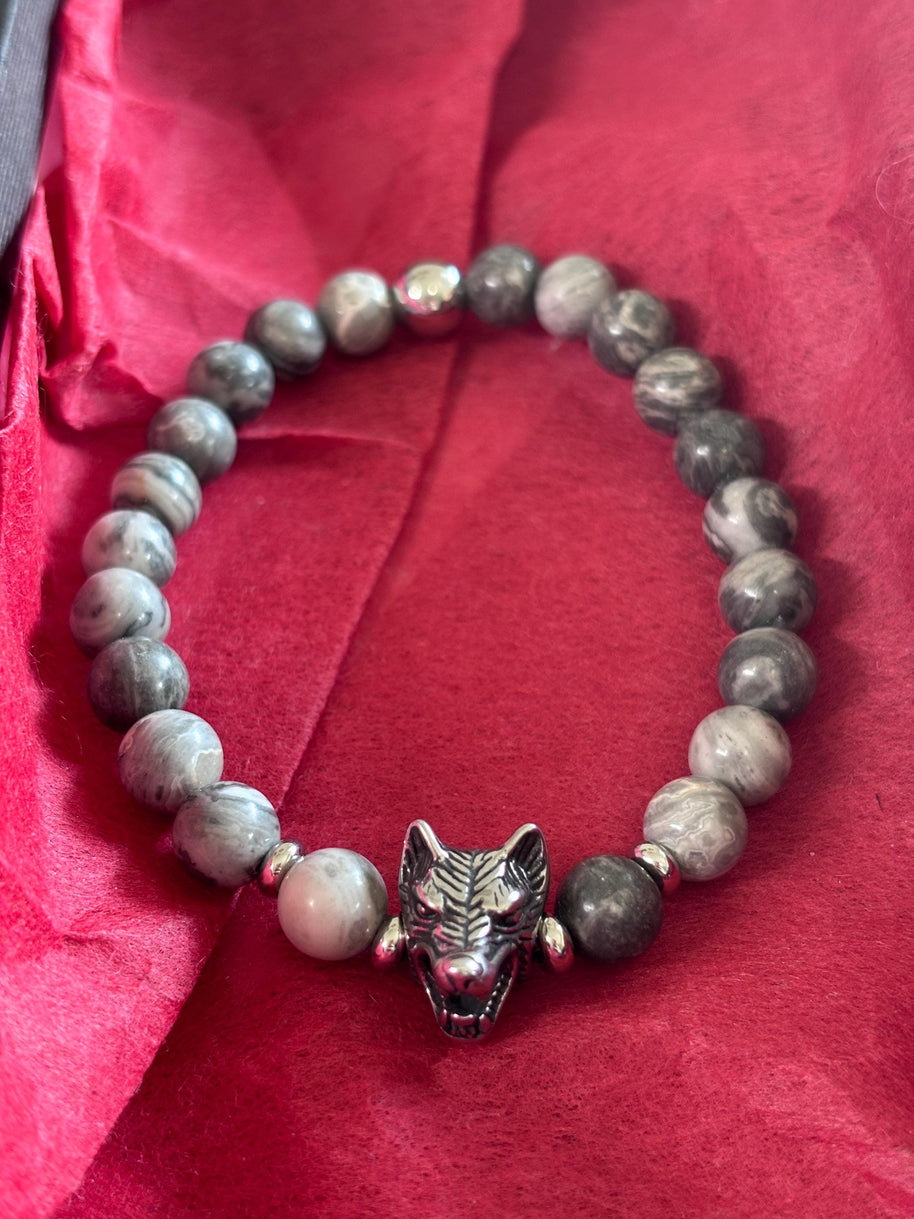 Bracciale uomo Agata grigia con lupo in acciaio | Bracciale elastico pietre naturali | Wolf bracelet uomo | Regalo uomo