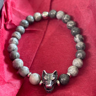 Bracciale uomo Agata grigia con lupo in acciaio | Bracciale elastico pietre naturali | Wolf bracelet uomo | Regalo uomo