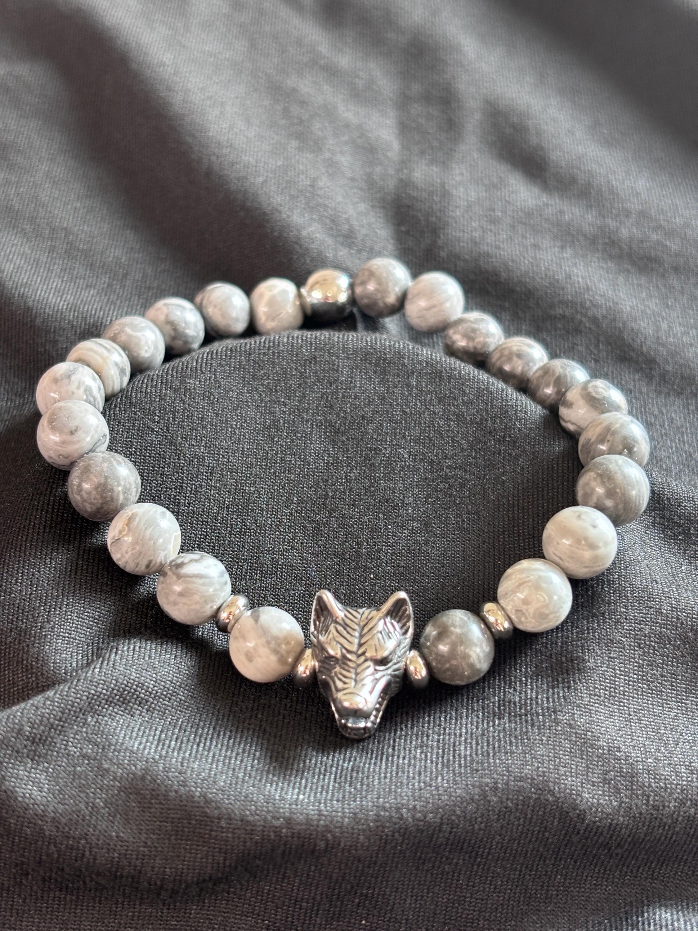 Bracciale uomo Agata grigia con lupo in acciaio | Bracciale elastico pietre naturali | Wolf bracelet uomo | Regalo uomo