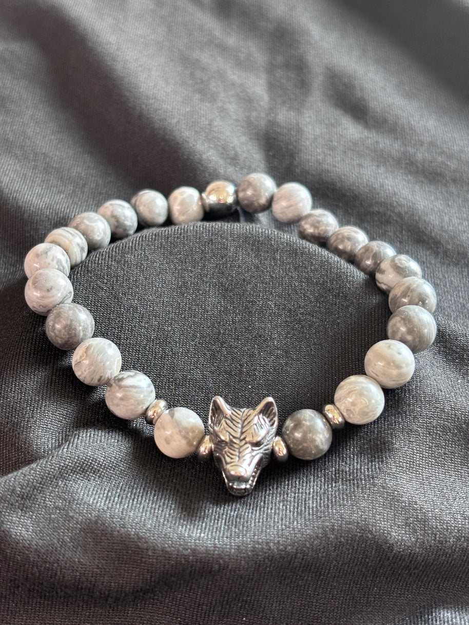 Bracciale uomo Agata grigia con lupo in acciaio | Bracciale elastico pietre naturali | Wolf bracelet uomo | Regalo uomo