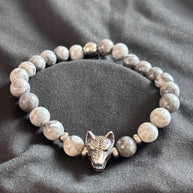 Bracciale uomo Agata grigia con lupo in acciaio | Bracciale elastico pietre naturali | Wolf bracelet uomo | Regalo uomo