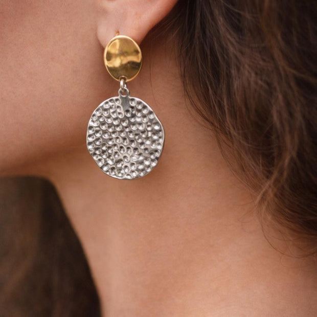 Orecchini acciaio bicolore oro argento | Hammered earrings | Gold silver earrings | Pendenti eleganti | Two tone jewelry