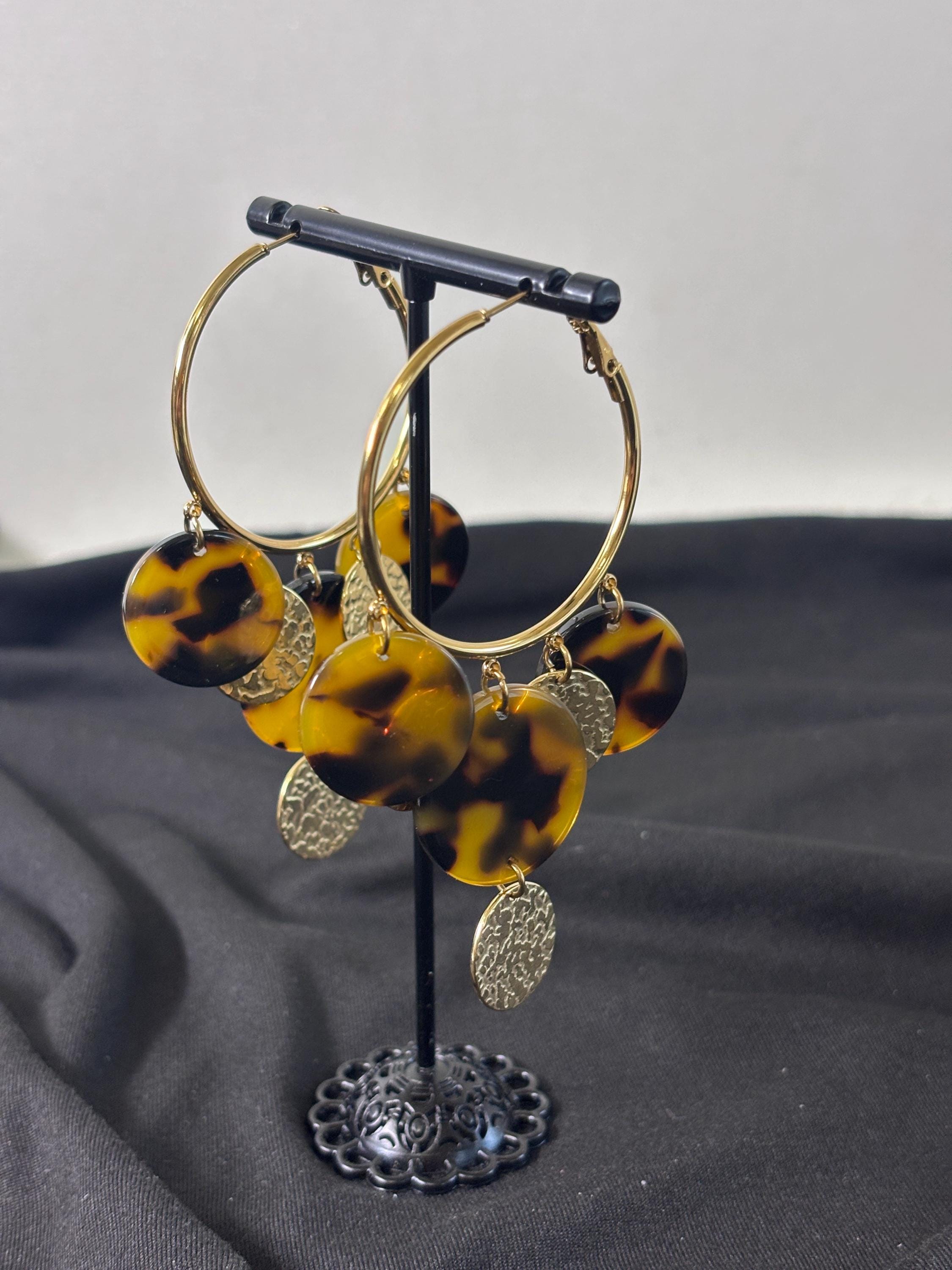 Orecchini cerchio grandi tartarugati | Hoop earrings acciaio e resina | Orecchini pendenti oro donna eleganti | Orecchini estivi