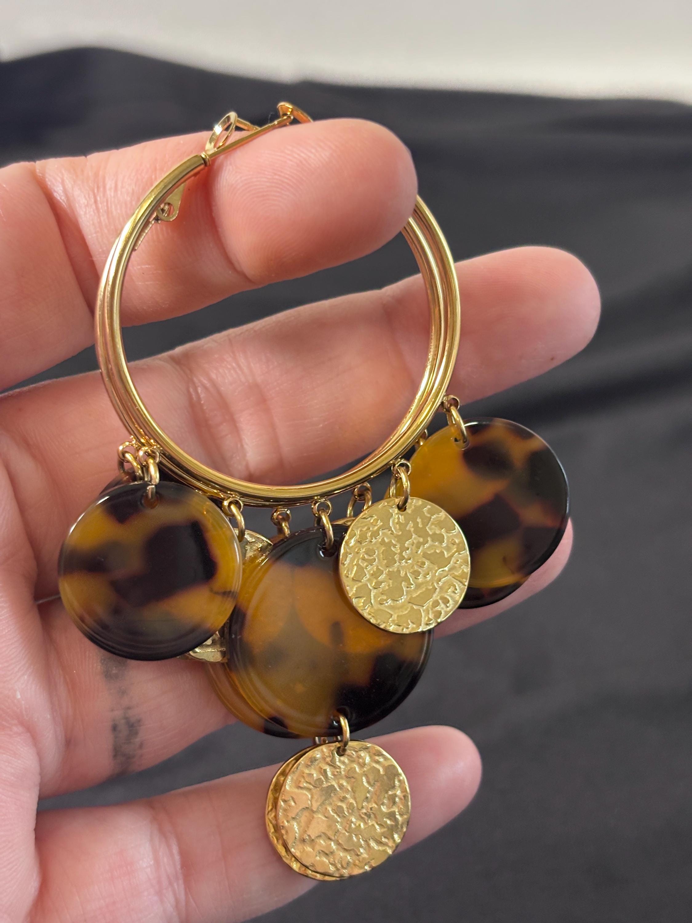 Orecchini cerchio grandi tartarugati | Hoop earrings acciaio e resina | Orecchini pendenti oro donna eleganti | Orecchini estivi