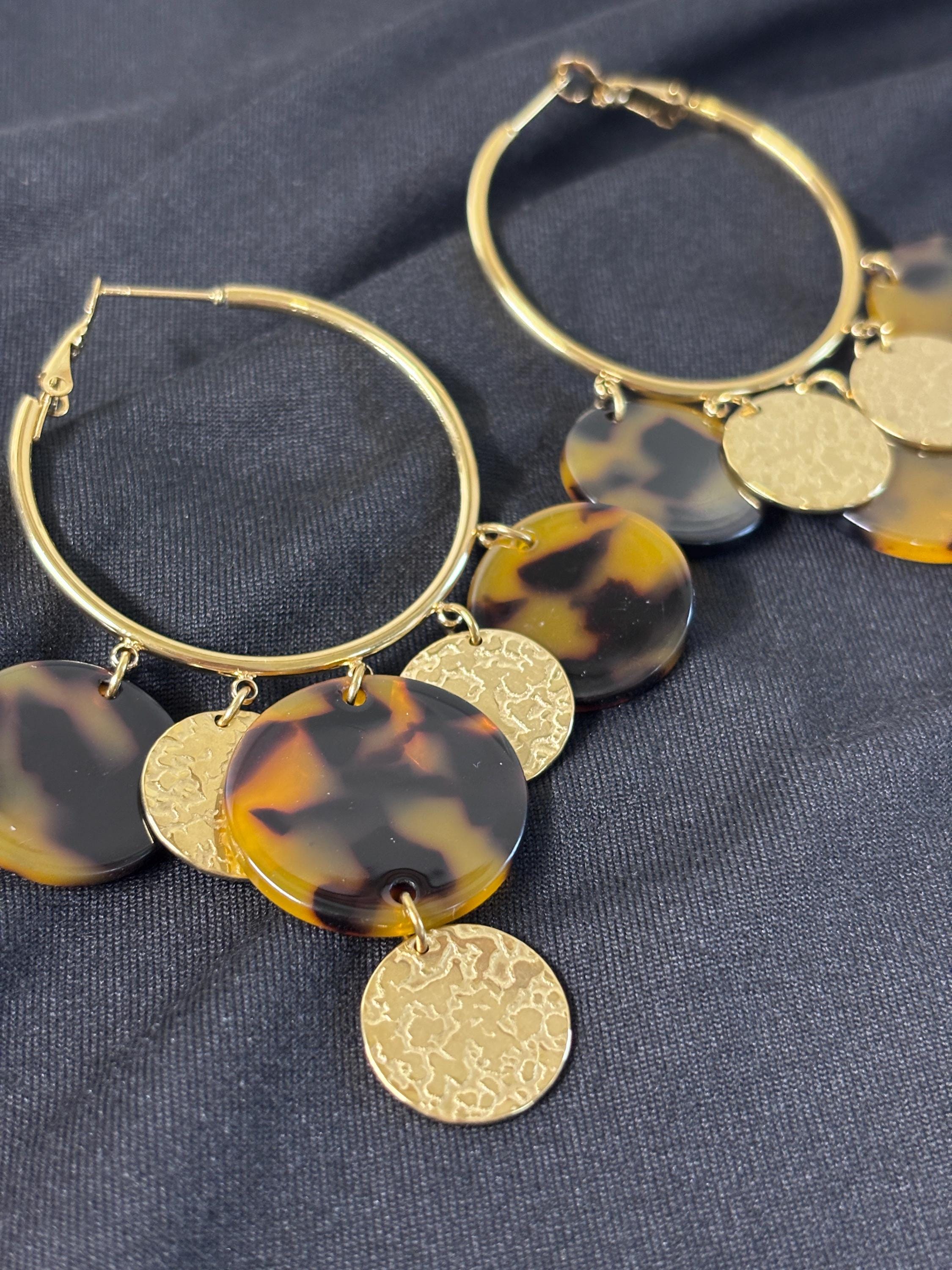 Orecchini cerchio grandi tartarugati | Hoop earrings acciaio e resina | Orecchini pendenti oro donna eleganti | Orecchini estivi