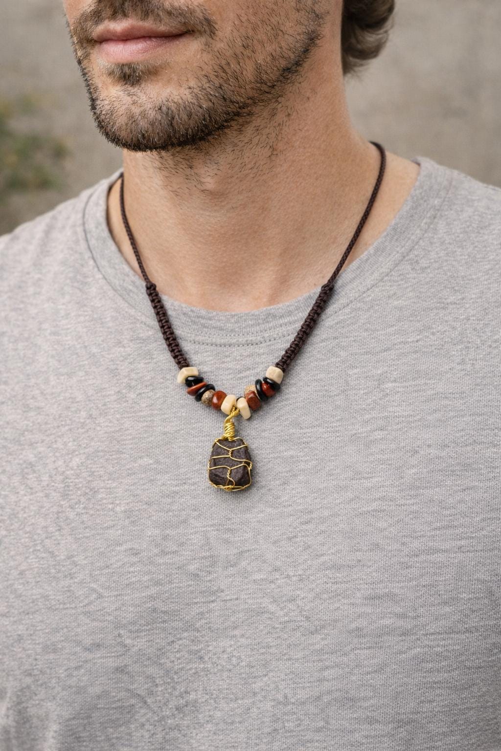Collana uomo pietra naturale macramè | Ciondolo pietra grezza | Collana regolabile con pietre naturali | Stile boho uomo