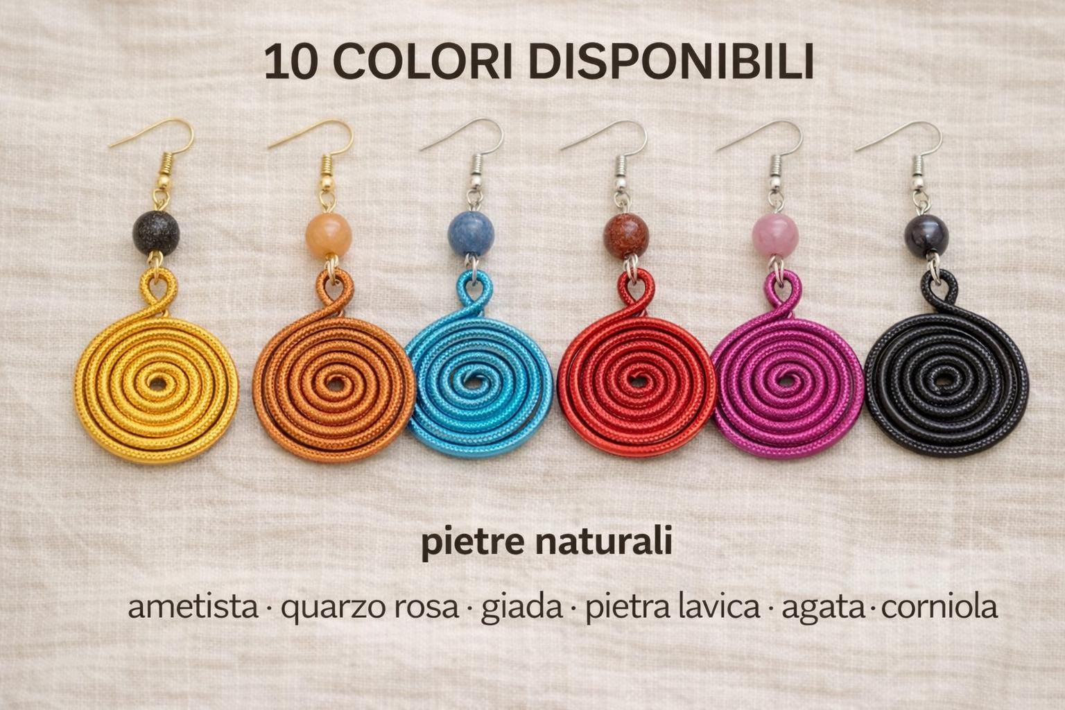 Orecchini spirale in alluminio con pietra naturale | Spiral earrings with natural stone | Orecchini boho leggeri antiallergici | 10 colori