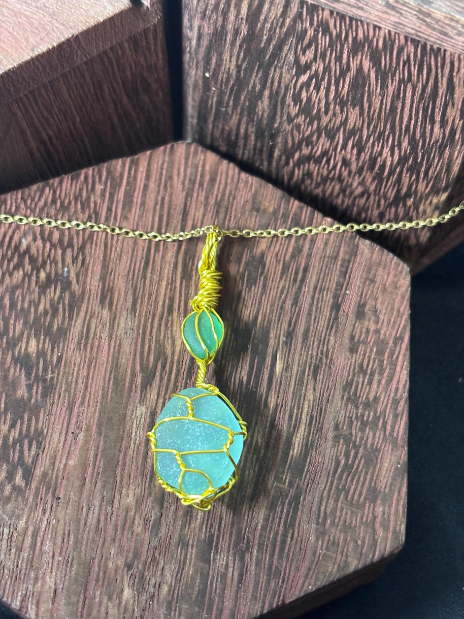 Green Sea Glass Necklace | Wire Wrapped Beach Glass Pendant | Ocean Inspired Jewelry | Ocean Lover Gift | Minimal Gold Necklace