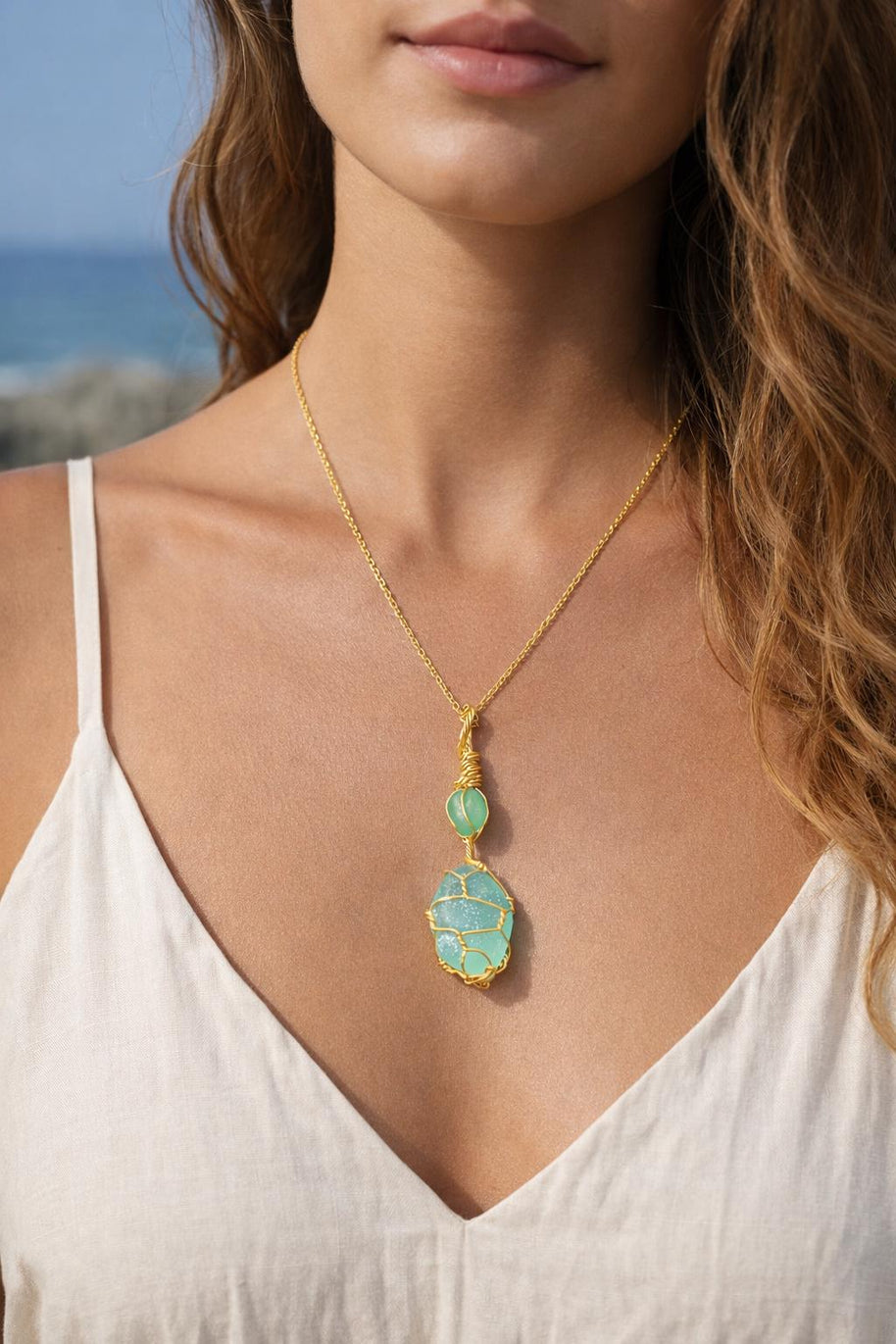 Green Sea Glass Necklace | Wire Wrapped Beach Glass Pendant | Ocean Inspired Jewelry | Ocean Lover Gift | Minimal Gold Necklace