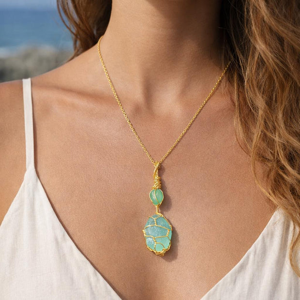 Green Sea Glass Necklace | Wire Wrapped Beach Glass Pendant | Ocean Inspired Jewelry | Ocean Lover Gift | Minimal Gold Necklace