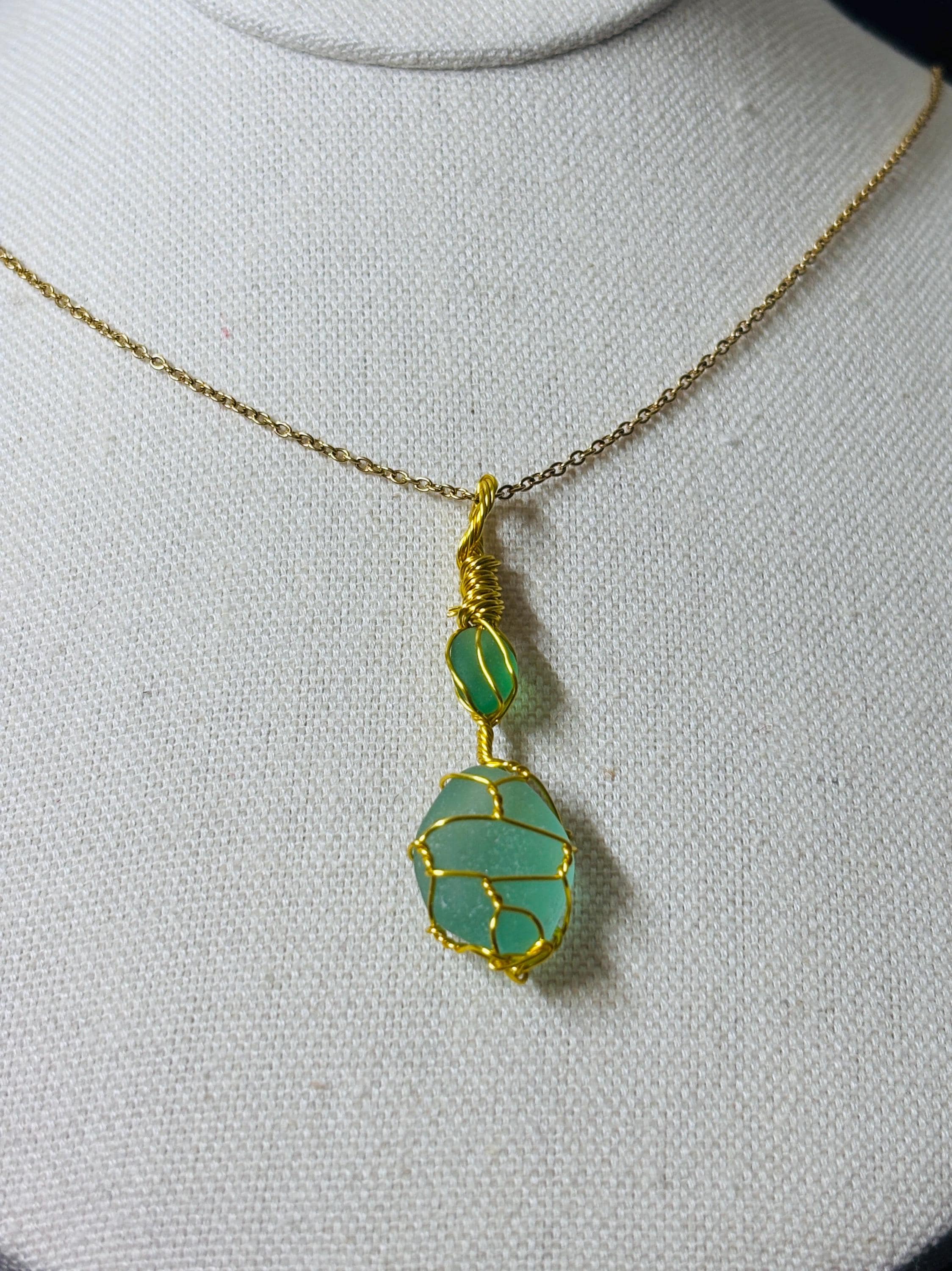 Green Sea Glass Necklace | Wire Wrapped Beach Glass Pendant | Ocean Inspired Jewelry | Ocean Lover Gift | Minimal Gold Necklace