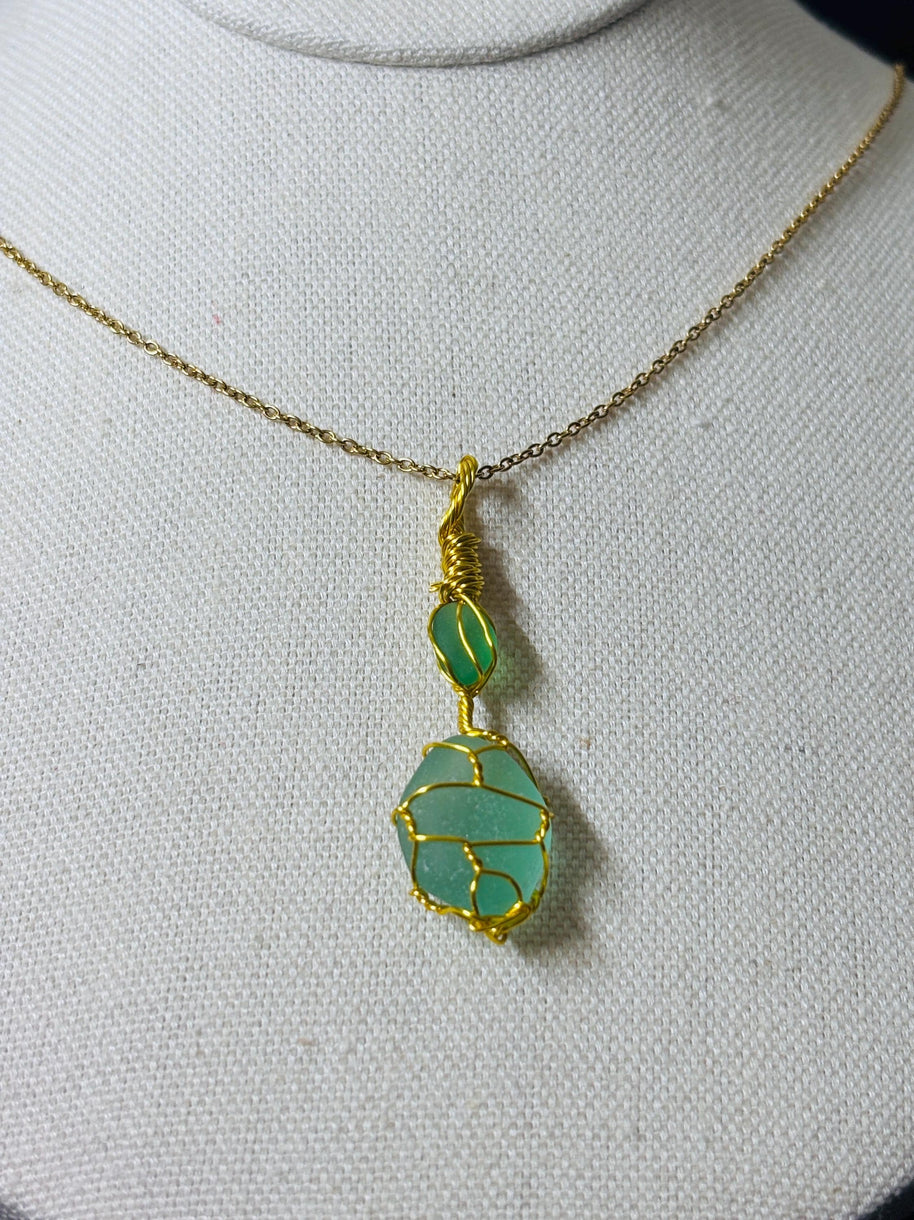 Green Sea Glass Necklace | Wire Wrapped Beach Glass Pendant | Ocean Inspired Jewelry | Ocean Lover Gift | Minimal Gold Necklace