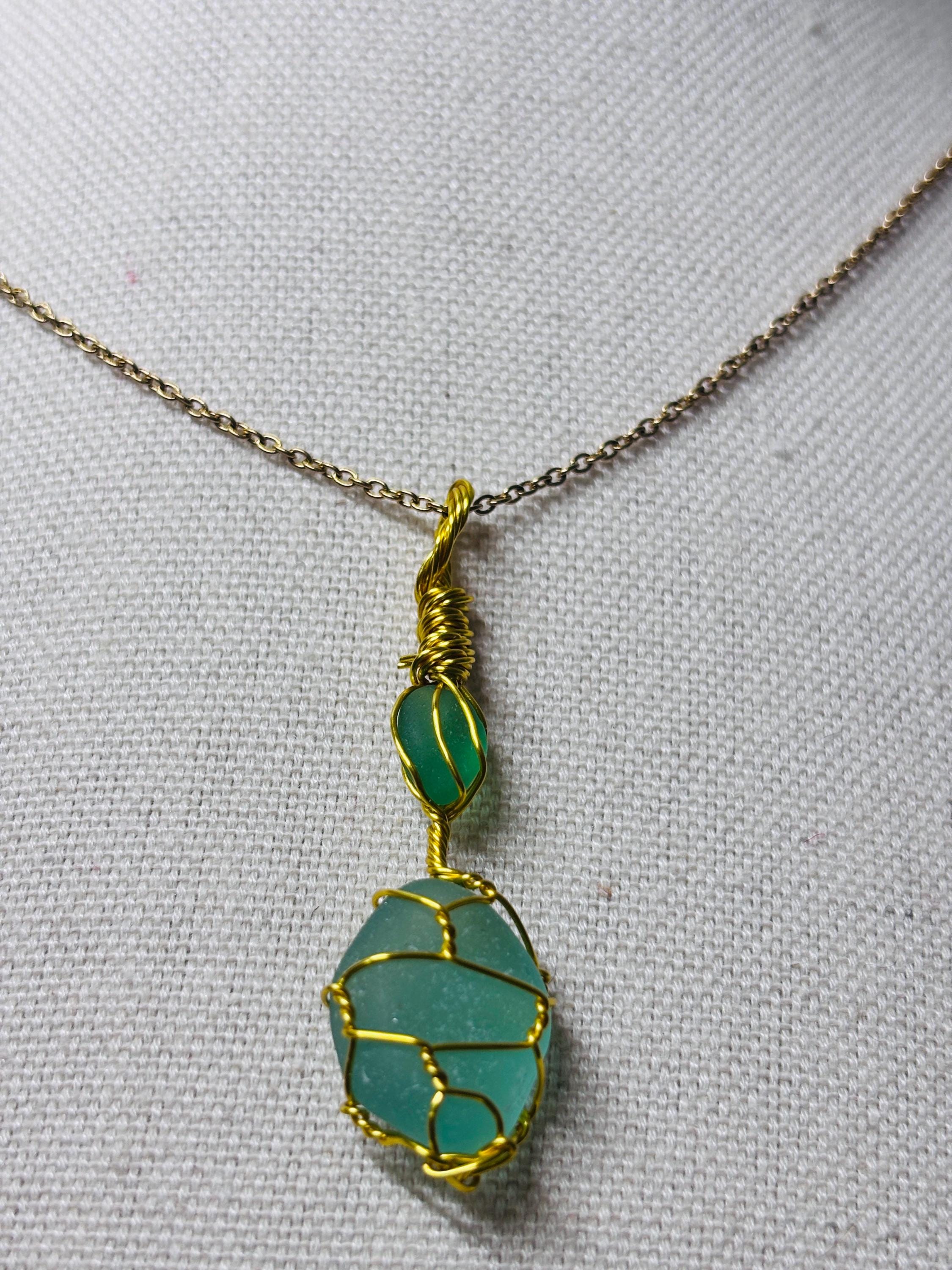 Green Sea Glass Necklace | Wire Wrapped Beach Glass Pendant | Ocean Inspired Jewelry | Ocean Lover Gift | Minimal Gold Necklace