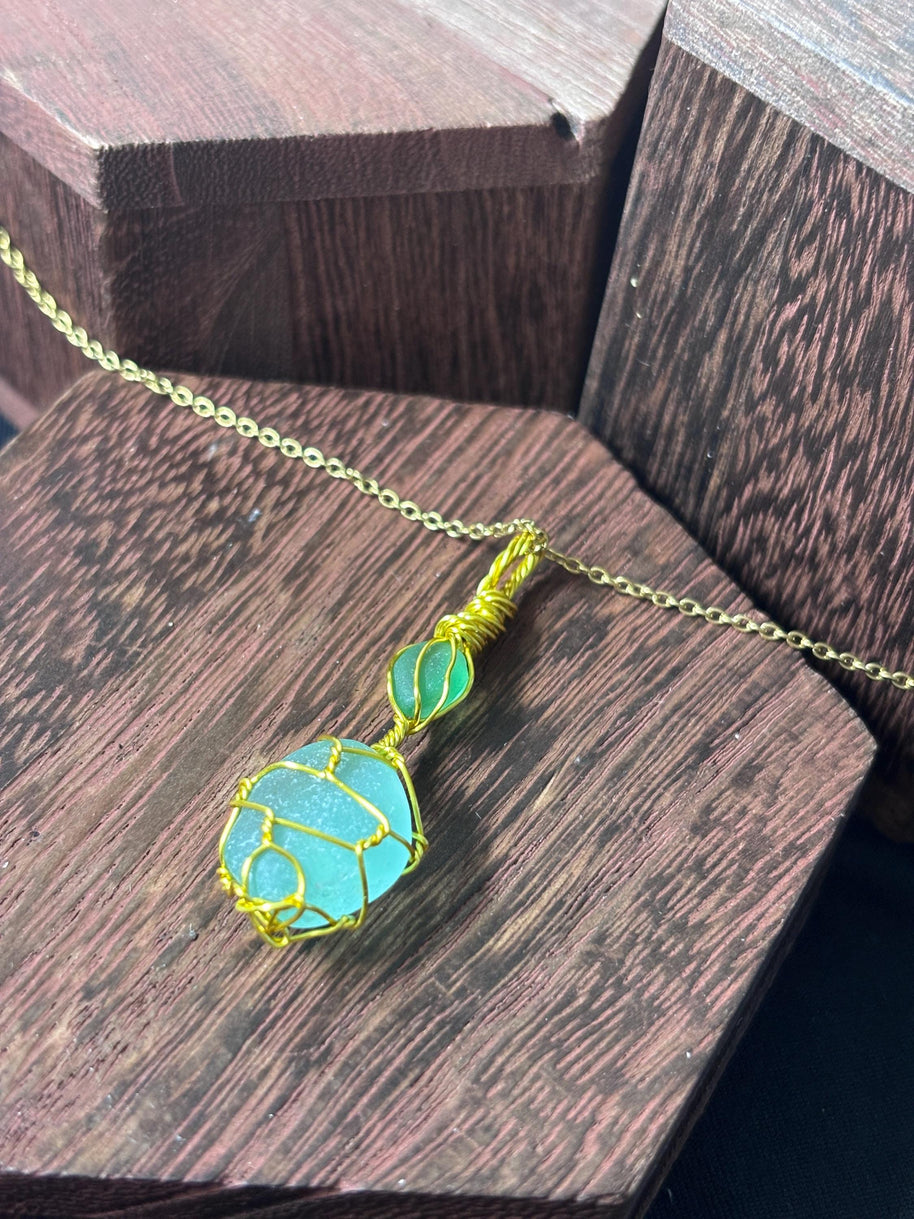 Green Sea Glass Necklace | Wire Wrapped Beach Glass Pendant | Ocean Inspired Jewelry | Ocean Lover Gift | Minimal Gold Necklace