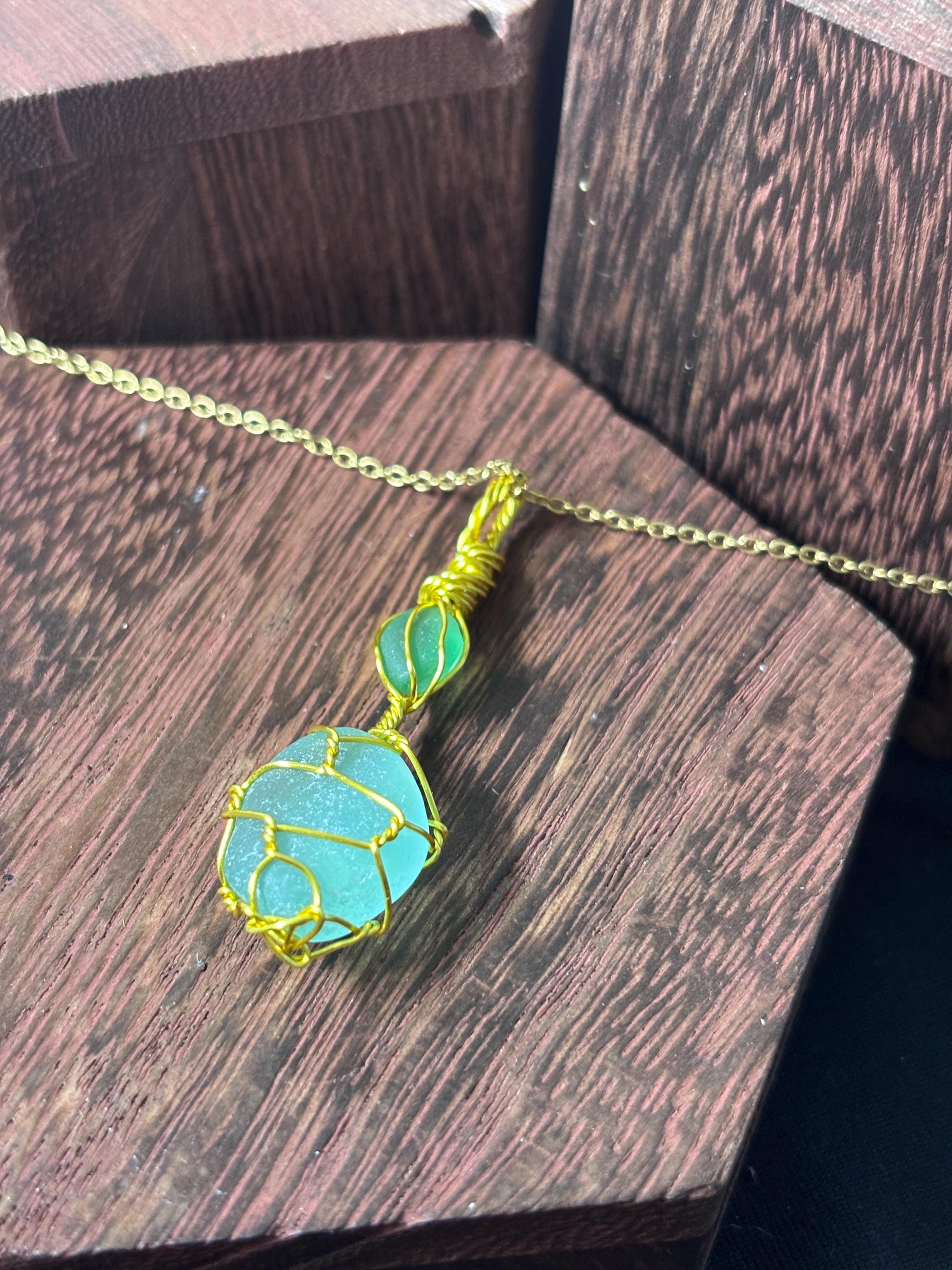 Green Sea Glass Necklace | Wire Wrapped Beach Glass Pendant | Ocean Inspired Jewelry | Ocean Lover Gift | Minimal Gold Necklace