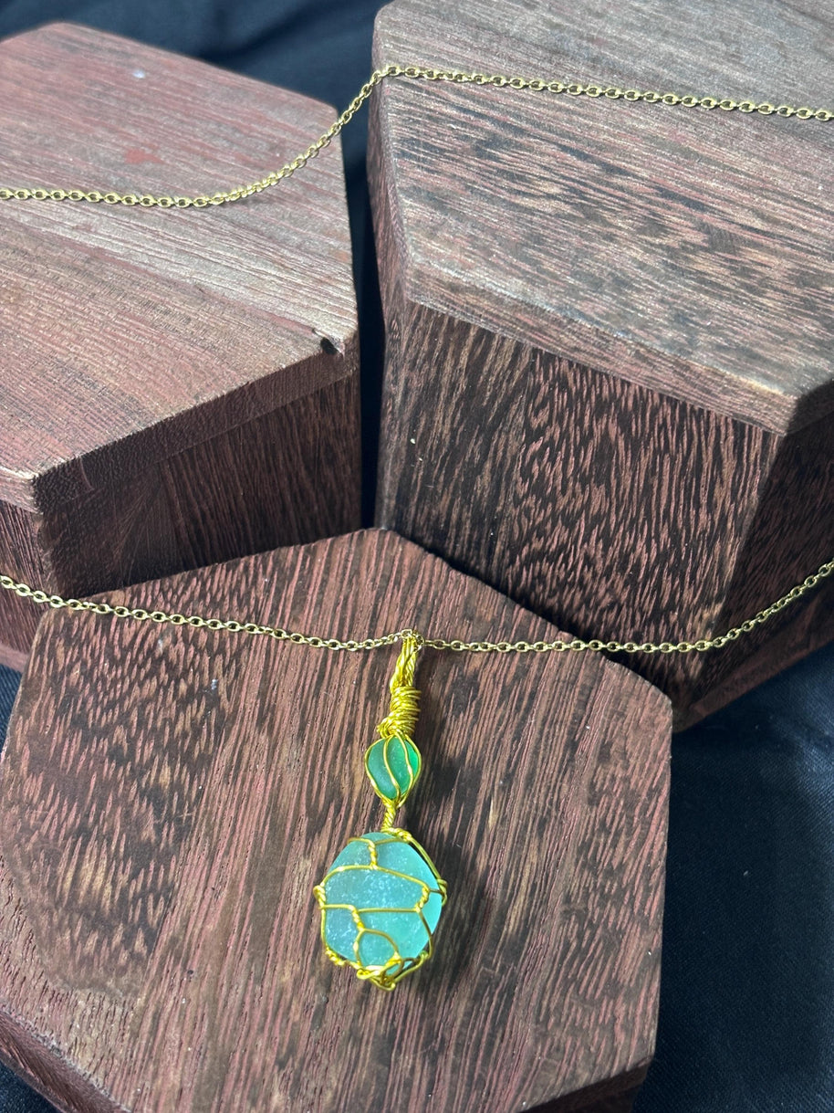 Green Sea Glass Necklace | Wire Wrapped Beach Glass Pendant | Ocean Inspired Jewelry | Ocean Lover Gift | Minimal Gold Necklace