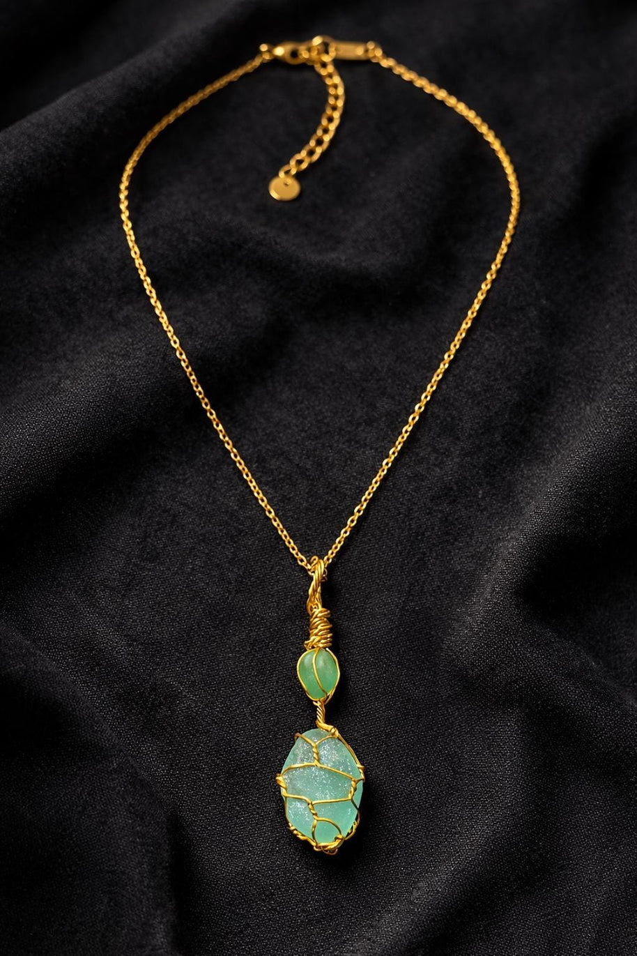 Green Sea Glass Necklace | Wire Wrapped Beach Glass Pendant | Ocean Inspired Jewelry | Ocean Lover Gift | Minimal Gold Necklace