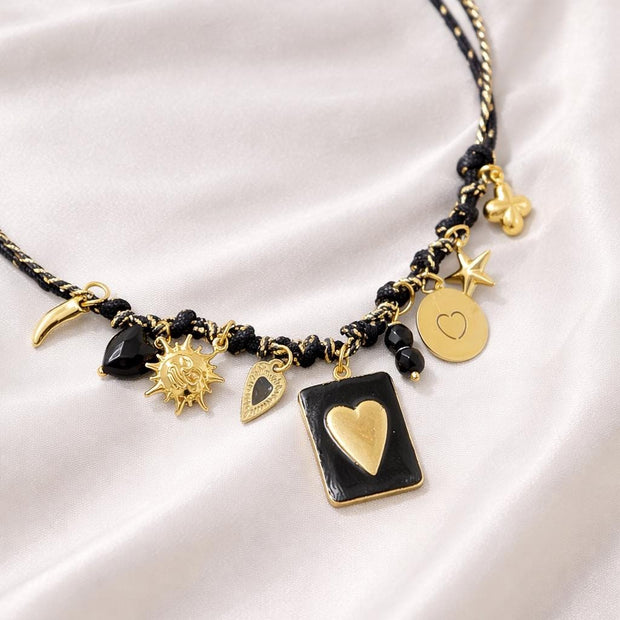 Black gold charm necklace heart | Collana charms nera e oro | Collana ciondoli sole stella corno | Charm necklace black gold