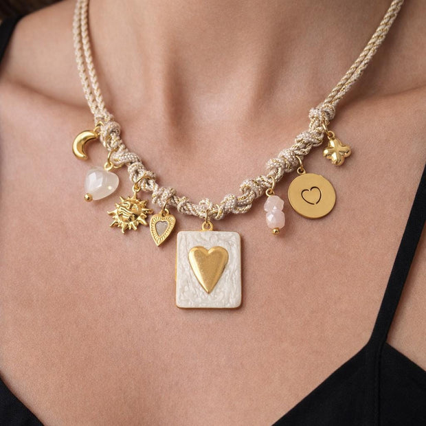 Black gold charm necklace heart | Collana charms panna e oro | Collana ciondoli sole stella luna | Charm necklace ivory gold